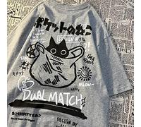 YOND Women Cartoon T-Shirts 2023 Summer Harajuku Kawaii Cat Printed Short Sleeve Tees Female Couple Streetwear Loose Clothes Y2K Tops-Grey,S