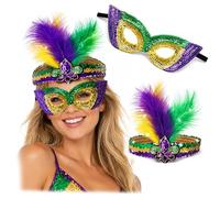 YONEEKSS 2 PCS Set Mardi Gras Sequin Faux Feather Headband and Masquerade Mask, Vintage Cosplay Headband Carnival Hair Accessories for Women Girls