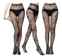 YONEEKSS 3 Pack Patterned Tights, Women Black High Waisted Net Footless Leggings, Fish Net Tights, Black Lace Pattern Fishnet Stockings, Attractive High Stockings Striped Pantyhose