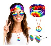 YONEEKSS 3 Piece Hippie Costume Set with Bandana Glasses and Necklace | Colourful tie dye bandana, round rainbow glasses, peace pendant necklace, 60s 70s parties, festivals, cosplay