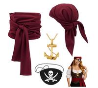 YONEEKSS 4 PCS Pirate Costume Accessories, Vintage Captain Bandana, Sash Belt, Eye Patch, Anchor Pendant Chain for Women Men Renaissance Pirate Captain Costume Halloween Cosplay Party