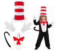 YONEEKSS 5 Pcs Cat Costume Set Include Top Hat, Red Striped Hat White Gloves White Furry Cloth Red Bow and Tail, Halloween Cosplay Costume Accessorie for Kids Adults World Book Day Dress Up
