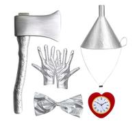 YONEEKSS 6PCS Tin Costume Accessories, Silvery Halloween Dress Up Axe Funnel Hat Set Includes Plastic Axe Funnel Hat, Gloves, Heart Brooch and Bow Tie for Cosplay Party for Adult Kids