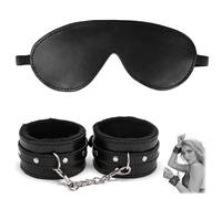 YONEEKSS BDSM Kit Bondage Set, 1 Pair Fluffy Fitness Wrist Leather Handcuffs and Leather Blindfold Eye Mask, Adjust Wrist Leather Handcuffs with Eye Mask for Couples Ladies Women's Sexy Wrist Cuffs