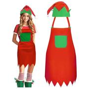 YONEEKSS Christmas Elf Apron and Hat Set, Xmas Costumes Set for Elf Fancy Dress Outfits, Christmas Fancy Dress Costume Adult (red)