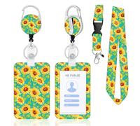 YONEEKSS Sunflower ID Badge Holder with Retractable Reel and Lanyard | Green floral print, vertical card protector, adjustable neck strap, detachable clip, teacher, student, office, events