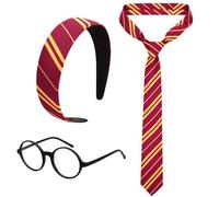 YONEEKSS Wizard Costume Accessories Set, Burgundy Red and Yellow Stripe Headband Tie and Glasses, Classic Wizard Cosplay Accessories for Adults