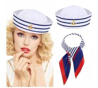 YONEEKSS Yacht Captain Costume Set, Sailor Hat and Scarf for Women Men Ship Cap Scarf Navy Outfit Accessory (Blue with White)