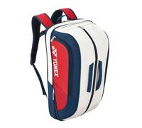 YONEX BA02312EX Expert Badminton/Tennis/Squash Leather Bag Backpack, 3 Racket Capacity, with Shoe Compartment. (White/Red/Navy)