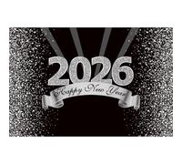 YongFoto 2026 Happy New Year Backdrop 10x8ft Black Silver Photography Background Merry Christmas Night Festival Carnival Celebration Party Banquet Decor Banner Photoshoot Wallpaper Photo Booth