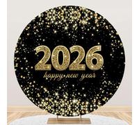 YongFoto 2026 Happy New Year Round Backdrop Cover 6.5ft Gold Black Photography Background Merry Christmas Xmas Eve New Year's Night Festival Carnival Family Celebration Party Banquet Decor Banner