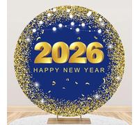 YongFoto 2026 Happy New Year Round Backdrop Cover 7.5ft Gold Blue Photography Background Merry Christmas Xmas Eve New Year's Night Festival Carnival Family Celebration Party Banquet Decor Banner
