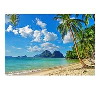 YongFoto 3x2m Vinyl Beach Photo Backdrop Seaside Blue Sky White Clouds Palm Tree Mountain Beach Backdrop for Photography Party Luau Scene Setters Personal Portrait Photo Background Studio Props