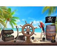 YongFoto 3x2m Vinyl Photo Backdrop Pirate Wood Table Ship Wheel Treasure Map Rum Compass Knife Palm Tree Beach Photography Background Portrait Photo Shoot Studio Props