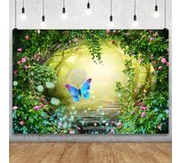 YongFoto 5x3ft Spring Forest Backdrop Enchanted Garden Pink Flowers Leaves Fairy Tale Wonderland Butterfly Misty Forest Jungle Photo Background Baby Shower Girl Birthday Party Kids Photo Prop