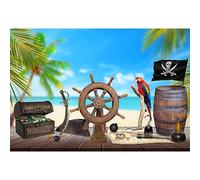 YongFoto 5x3ft Vinyl Photo Backdrop Pirate Wood Table Ship Wheel Treasure Map Rum Compass Knife Palm Tree Beach Photography Background Portrait Photo Shoot Studio Props