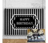 YongFoto 7x5ft Happpy Birthday Backdrop for Women Men Black Silver Striped Birthday Banner Background Birthday Party Supplies Cake Table Decorations Banner