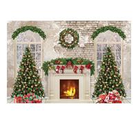 YongFoto Christmas Fireplace Backdrop 10x8ft Room Christmas Trees Red Socks Vintage Wall Photography Background New Year Xmas Eve Family Winter Holiday Party Banner Photoshoot Wallpaper Photo Booth