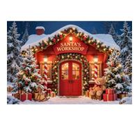 YongFoto Merry Christmas Backdrop 7x5ft Santas Workshop Snowy Forest Cabin Xmas Tree Night Sky Snow Scene Photography Background Winter New Year Party Banner Photoshoot Wallpaper Studio Booth