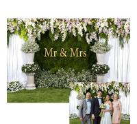 YongFoto Mr and Mrs Wedding Party Backdrop 10x6.5ft Floral Grass Wall White Sheer Curtain Flower Arch Photography Background Lover Marriage Proposal Bridal Shower Reception Photo Booth Props Banner