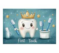 YongFoto My First Tooth Backdrop 5x3ft Cute Cartoon Crown Teeth Toothbrush Photography Background 1st Birthday Baby Party Banner Cake Table Decor Christening Infant Photoshoot Wallpaper Photo Booth