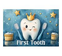 YongFoto My First Tooth Backdrop 7x5ft Cute Cartoon Crown Teeth Toothbrush Photography Background 1st Birthday Baby Party Banner Cake Table Decor Christening Infant Photoshoot Wallpaper Photo Booth