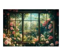 YongFoto Romantic Oil Painting Style Spring Natural Scene Backdrop 6x4ft Garden Window View Climbing Vine Flower Mountain Idyllic Background Party Banner Room Decor Portraits Photoshoot Photo Booth
