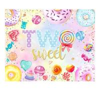YongFoto Sweet Happy Two Birthday Backdrop 5x3ft Lollipop Donut Sugar Needle Orange Candyland Photography Background Sweet Baby Girl 2nd Birthday Party Cake Smash Dessert Cake Table Decoration