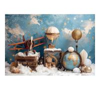 YongFoto Travel Adventure Theme Backdrop 8x6ft Cute Clouds Sky Stars Bear Globe Photography Background Adventure Awaits Baby Shower Girl Boy 1st 2nd Birthday Party Banner Kids Portraits Photoshoot