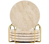 YONGHEE Italian Travertine Coasters Set of 5 with Holder, Round Beige Marble Drink Coasters for Coffee Table Decor Housewarming Gift, Unique Natural Stone Absorbent Coaster for Surface Protection