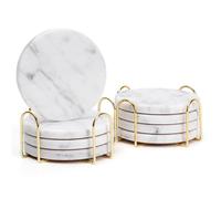 YONGHEE Marble Coasters Set of 8 with Holder, Elegant Modern Round White Marble Drink Coasters for Coffee Table Decor, Semi Absorbent Stone Coaster for Drinks, 4 Inches