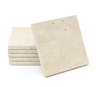 YONGHEE Travertine Coasters Set of 6, Square Beige Marble Coasters for Coffee Table Decor Home Decor, Semi Absorbent Stone Drink Coaster with Velvet Backing for Table Desk, 4 Inches