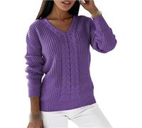 YONGHONGKEJI Ladies Jumpers Women Fall Sweater Cable V Neck Sweater Lightweight Knit Long Sleeve Tops Pullover Soft Jumper for Daily Purple M