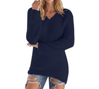YONGHONGKEJI Women's Cashmere Sweater Soft Merino Wool Jumper V-Neck Pullover Top Casual Knitwear Long Sleeve Sweatshirt Sherpa Fleece Fuzzy Fluffy Tops Navy Blue M