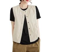 OutFyt Women'S Cotton Linen Waistcoat, Single Breasted Crew Neck Waistcoat Office Formal Suit Vest With Pockets Sleeveless Blazer Jacket Gilet Summer Vest Top,Beige,M
