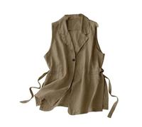 YONGHONGKEJI Women's Cotton Linen Waistcoat Sleeveless, Front Tie Lapel Office Vest Sleeveless Blazer Top Summer Spring Jacket Suit Waistcoat,Khaki,L