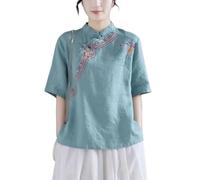 YONGHONGKEJI Women's T Shirts Cotton Linen Shirts Short Sleeve Chinese Style Frog Button Top Blouses Ladies Lady Vintage Summer Bohemian Embroidery Tops Green L