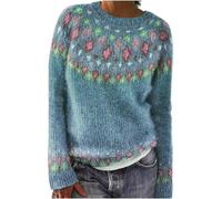 YONGLSP Norwegian Sweater Women, Women's Knitted Print Retro Sweater Crewneck Long Sleeve, Autumn and Winter Casual Loose Knit Jacquard Sweater (Blue Diamond,M)