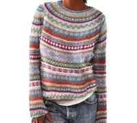 YONGLSP Norwegian Sweater Women, Women's Knitted Print Retro Sweater Crewneck Long Sleeve, Autumn and Winter Casual Loose Knit Jacquard Sweater (Blue,S)