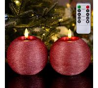 Yongmao Red Glitter Round Battery Operated Candles with Timer, Flickering Real Wax Ball LED Flameless Candles for Home Decor Christmas Party Tables Centerpieces Set of 2 (4 Inch)