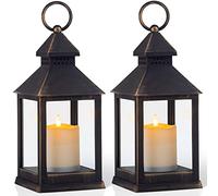 Yongmao Vintage Golden Brushed Black Lantern Decorative LED Flickering Flameless Candle with Timer, Battery Powered LED Decorative Hanging Lanterns for Indoor Outdoor Garden Yard Home Decor(2 Pack)