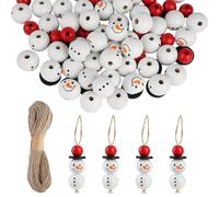 YONGQING 120 Natural Wooden Beads for 30 Sets Snowmen with String, 20 mm Snowman Face Wooden Beads Set for DIY Crafts, Christmas, Halloween, Winter Decorations (Red Hat)