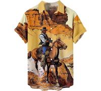 YongXinMY Mens Casual Shirts Retro Western Cowboy Print Shirt Summer Loose Short Sleeve T Shirt Ethnic Style Printed Lapel Button Down Top (L,# 3)