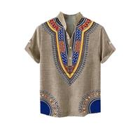 YongXinMY Men's Casual Stand Collar Shirt Vintage African Traditional Print Pattern Button Down T Shirt Summer Blouse Henley Shirt Outdoor Street Tops (XL,Brown)