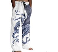 Men's Japanese Style Printed Lounge Pants - Octopus Graphic Straight Leg Drawsting Elastic Waist Casual Pants Traditional Sashiko Art Linen Blend Trousers (M,White)