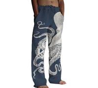 YongXinMY Men's Japanese Style Printed Lounge Pants - Octopus Graphic Straight Leg Drawsting Elastic Waist Casual Pants Traditional Sashiko Art Linen Blend Trousers (XXL,Blue)
