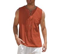 YongXinMY Men's Linen Tank Top - Casual Boho Plus Size Sleeveless Lace Up Neck Beach Shirt Comfy Plain Renaissance Pirate Tunic Beach Hippie Tops Gym Workout Muscle T-Shirts with Pocket (4XL,Orange)