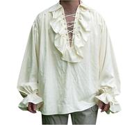 YongXinMY Men's Pirate Shirt - Retro Long Sleeve Lapel Ruffled Shirts Vampire Blouse Poet Renaissance Victorian Viking Steampunk Halloween Gothic Medieval Lace Up Drawstring Costume Party (5XL,Beige)