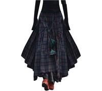 YongXinMY Women's Tiered Long Skirts - Renaissance Maxi Skirt Loose Plaid Print Fringe Asymmetrical Hem Elastic Waist Flowy Green Pirate Skirts Vintage Boho Dress Halloween Cosplay Costume (XL)
