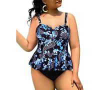 Yonique 2 Piece Plus Size Tankini Swimsuits for Women High Waisted Tummy Control Scalloped Bathing Suits Peplum Swimwear, Blue Floral, 22 Plus